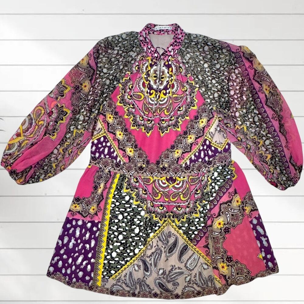 Alice + Olivia Lillian Paisley Shift Dress Desire Multi Bohemian Animal 4 Small